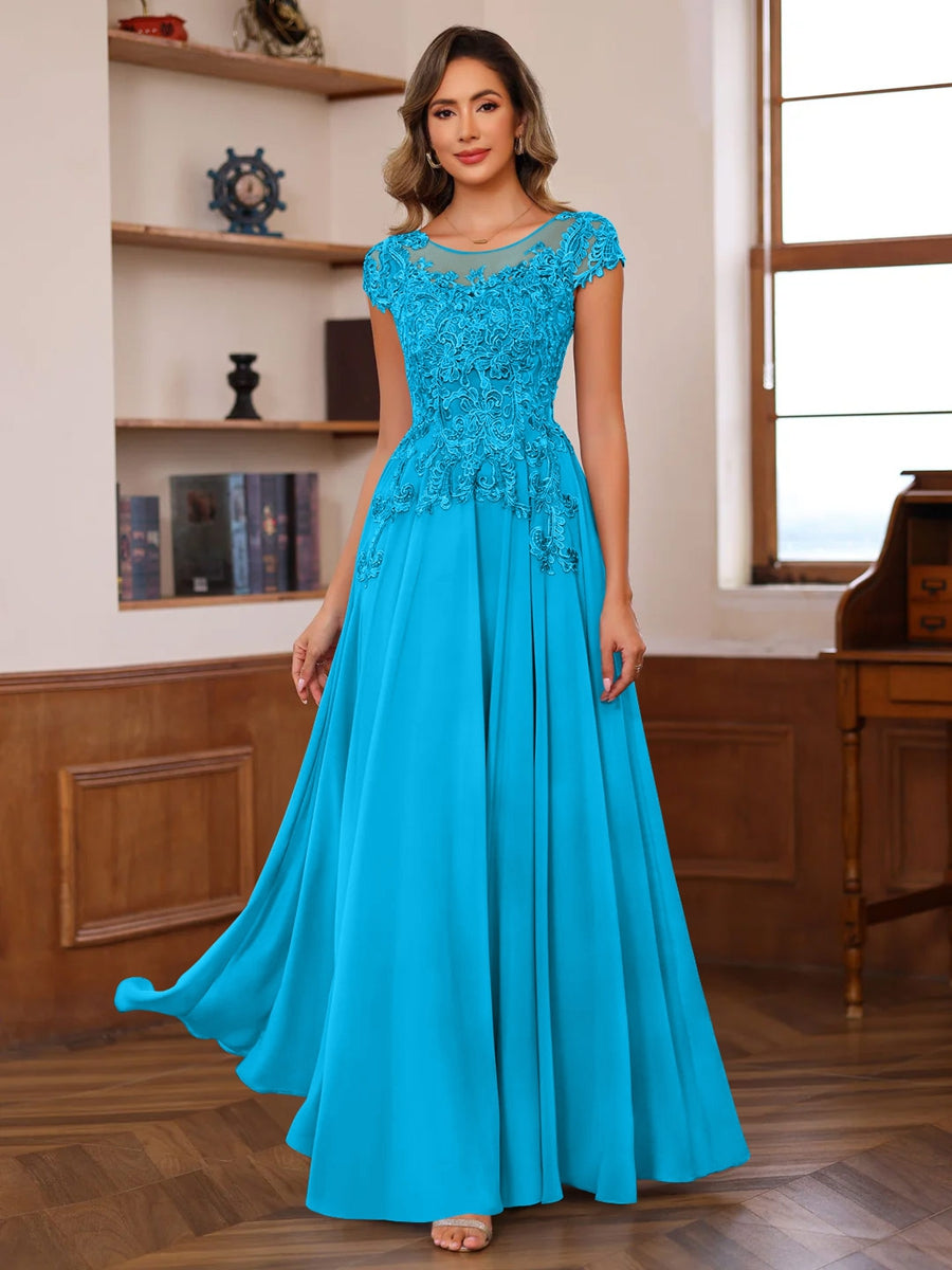 Floor-Length A-Line Mother of the Bride Dress with Scoop Neck and Short Sleeves Featuring Appliques