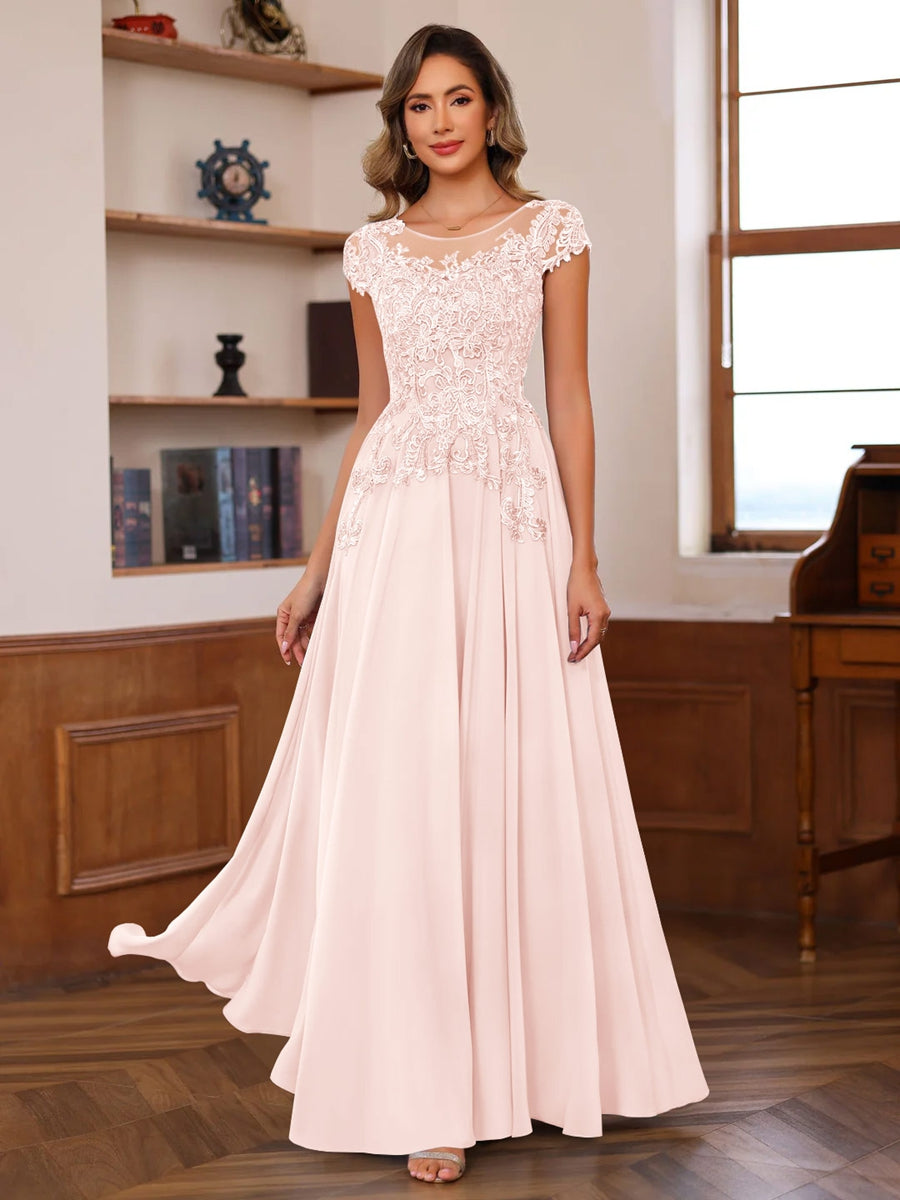Floor-Length A-Line Mother of the Bride Dress with Scoop Neck and Short Sleeves Featuring Appliques