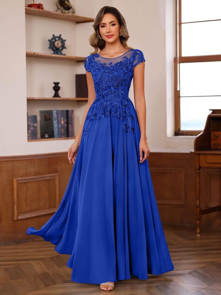 Floor-Length A-Line Mother of the Bride Dress with Scoop Neck and Short Sleeves Featuring Appliques