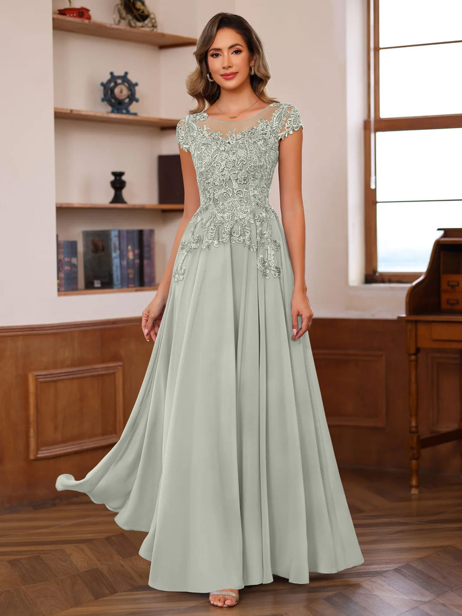 Floor-Length A-Line Mother of the Bride Dress with Scoop Neck and Short Sleeves Featuring Appliques