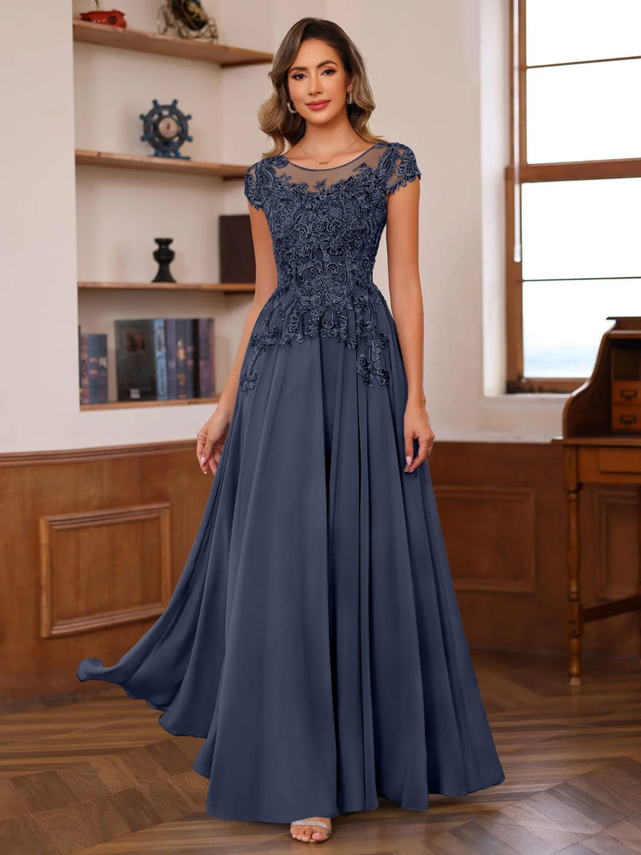 Floor-Length A-Line Mother of the Bride Dress with Scoop Neck and Short Sleeves Featuring Appliques