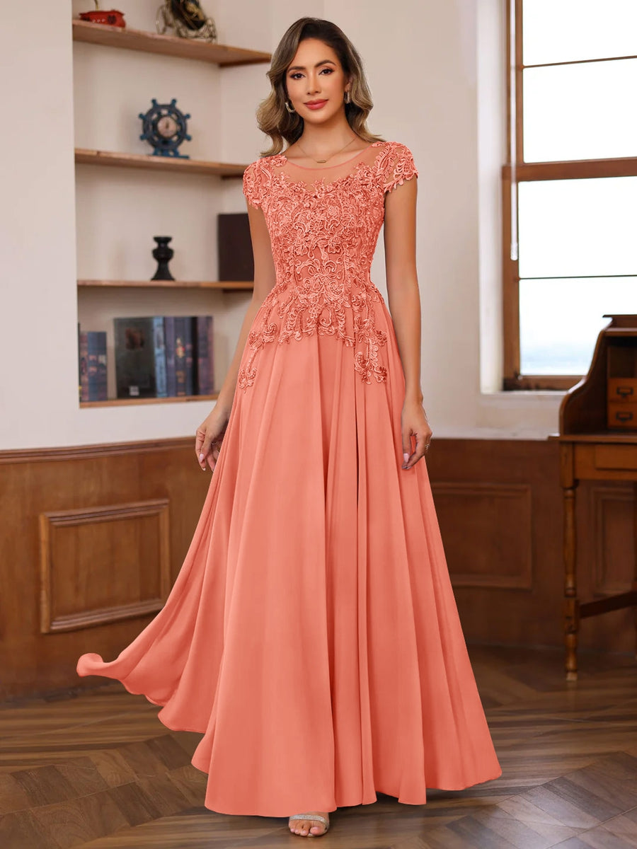 Floor-Length A-Line Mother of the Bride Dress with Scoop Neck and Short Sleeves Featuring Appliques