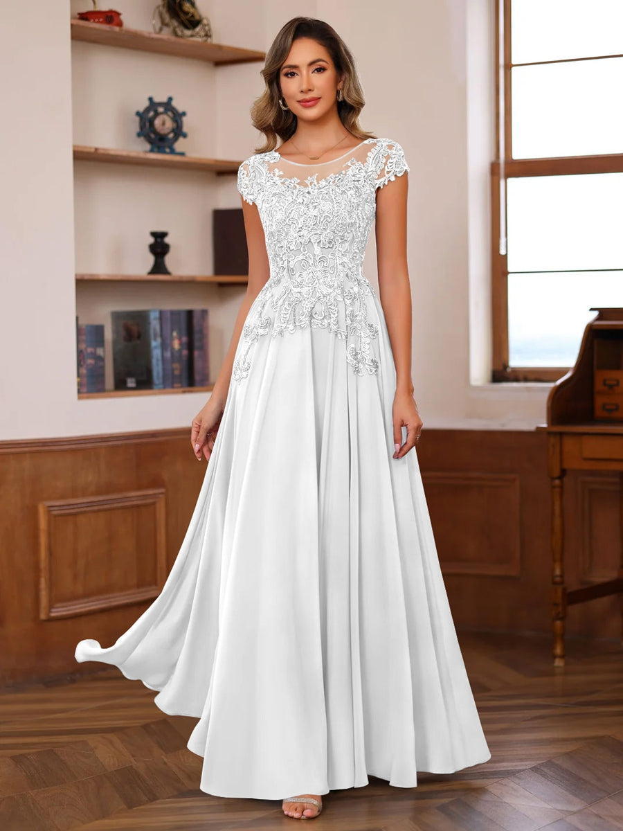 Floor-Length A-Line Mother of the Bride Dress with Scoop Neck and Short Sleeves Featuring Appliques