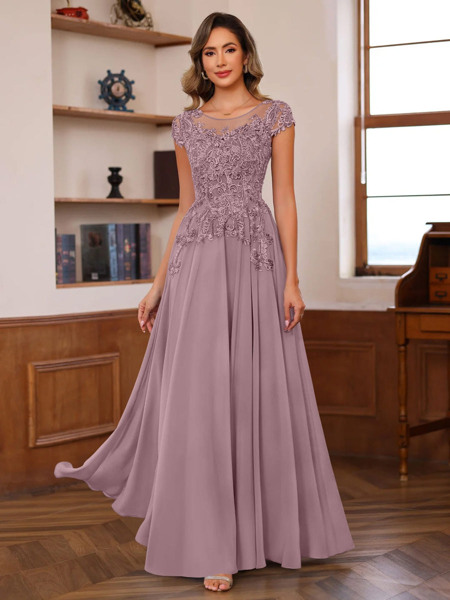Floor-Length A-Line Mother of the Bride Dress with Scoop Neck and Short Sleeves Featuring Appliques