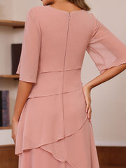 Plus Size Floor-Length Mother of the Bride A-Line Dress with Scoop Neck and Ruffled Half Sleeves