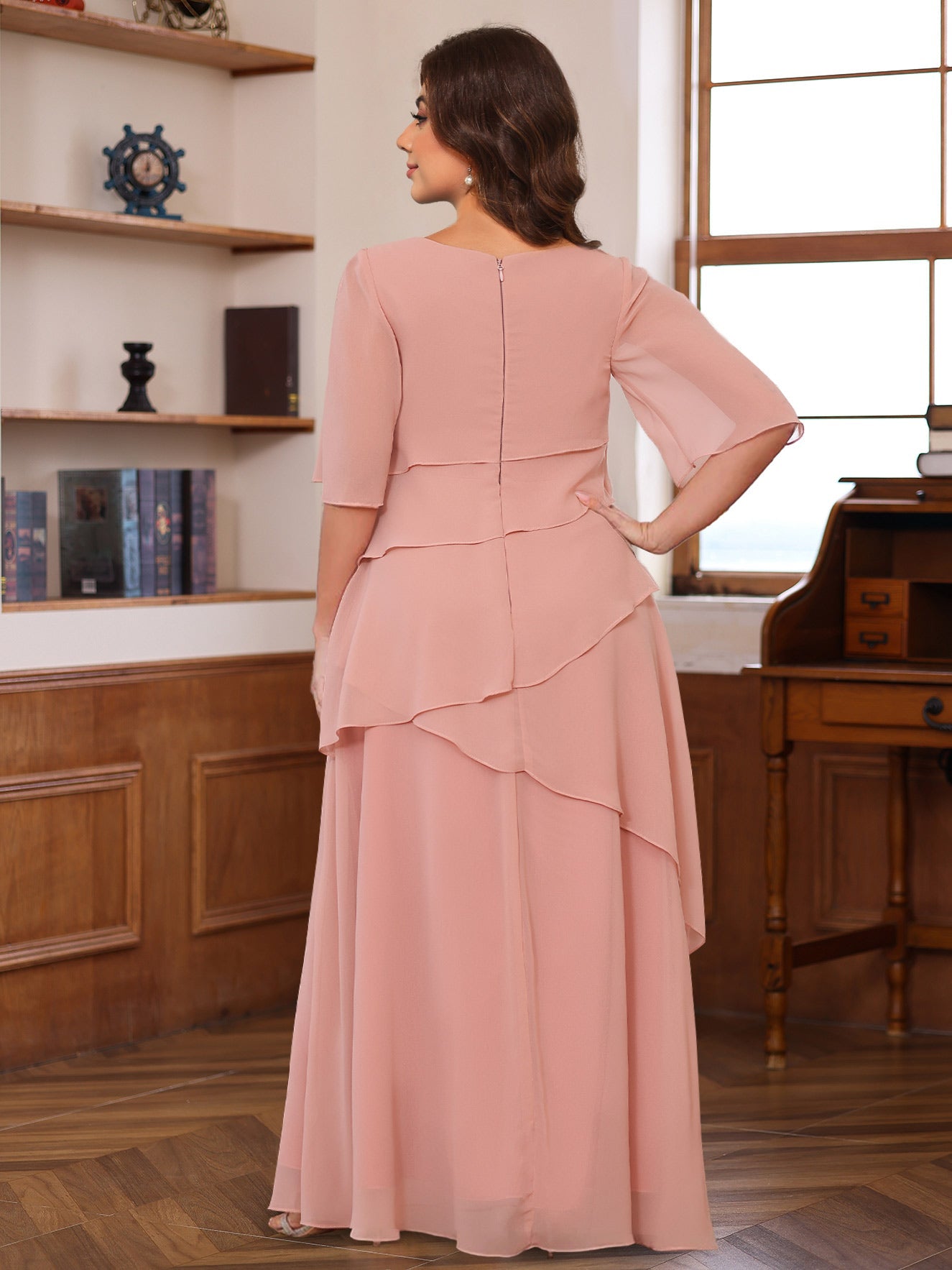 Floor-Length A-Line Princess Gown with Scoop Neck and Ruffled Half Sleeves