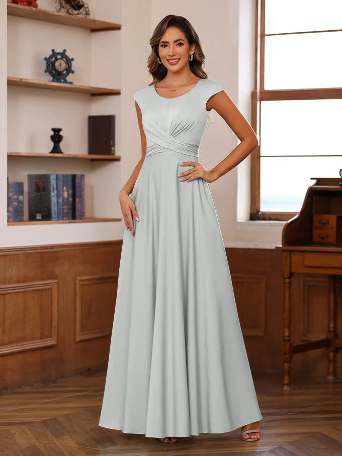 Floor-Length Mother of the Bride A-Line Dress with Scoop Neck and Ruffled Short Sleeves