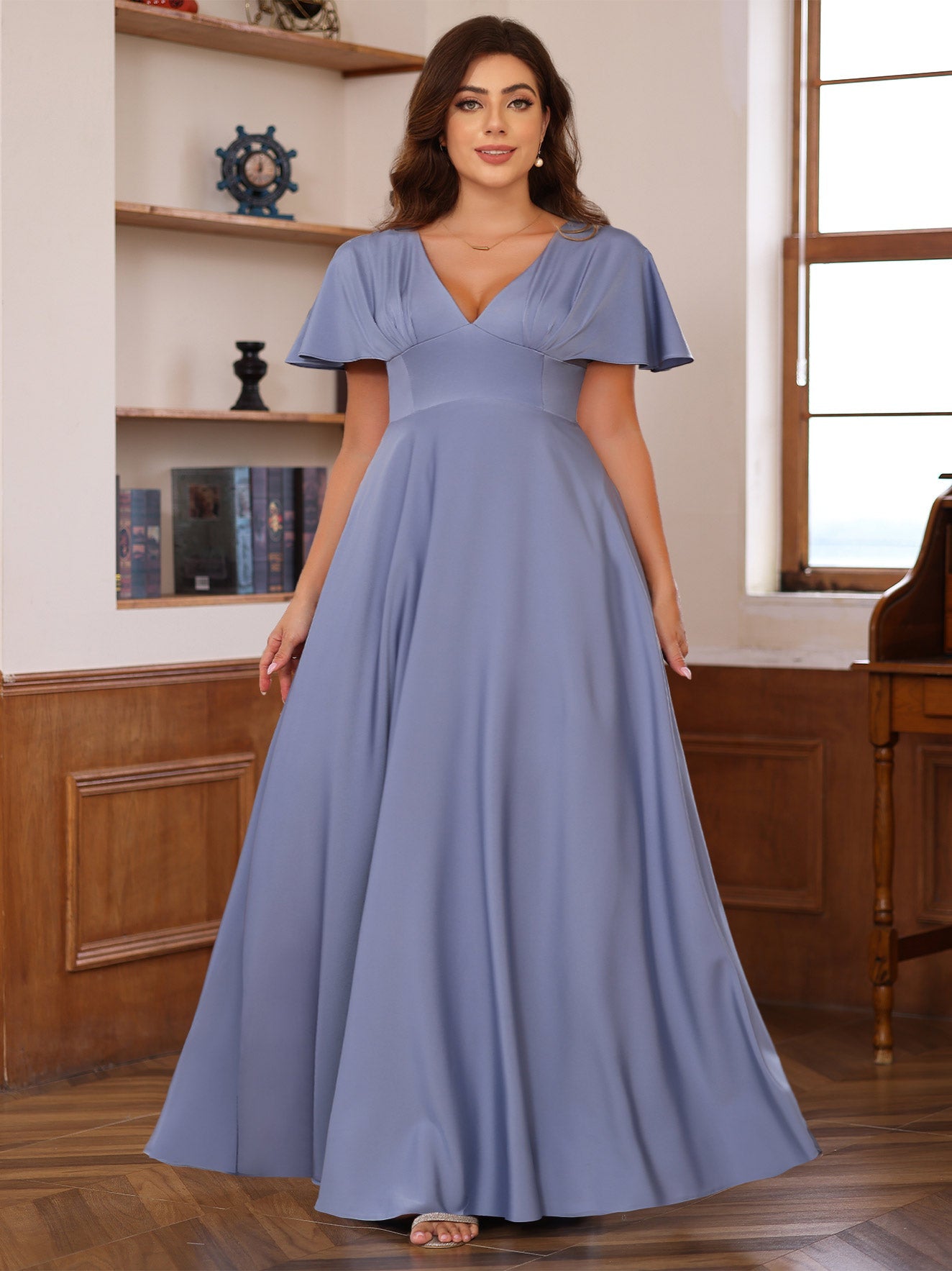 V-Neck A-Line Princess Floor-Length Mother of the Bride Dress with Short Sleeves and Ruffles