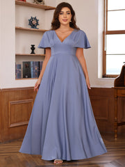 Elegant Plus Size V-Neck A-Line Princess Floor-Length Mother of the Bride Dress with Ruffles and Short Sleeves