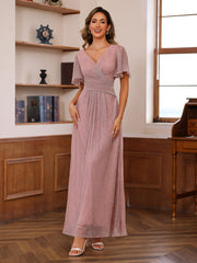 Unique V-Neck A-Line Princess Ankle-Length Mother of the Bride Dresses with Ruffles and Short Sleeves