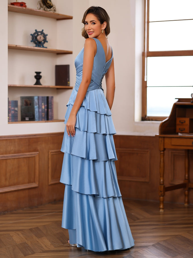 V-Neck Sleeveless A-Line Princess Floor-Length Mother of the Bride Dress With Ruffles & Wrap