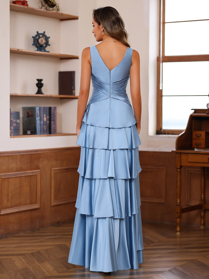 V-Neck Sleeveless A-Line Princess Floor-Length Mother of the Bride Dress With Ruffles & Wrap