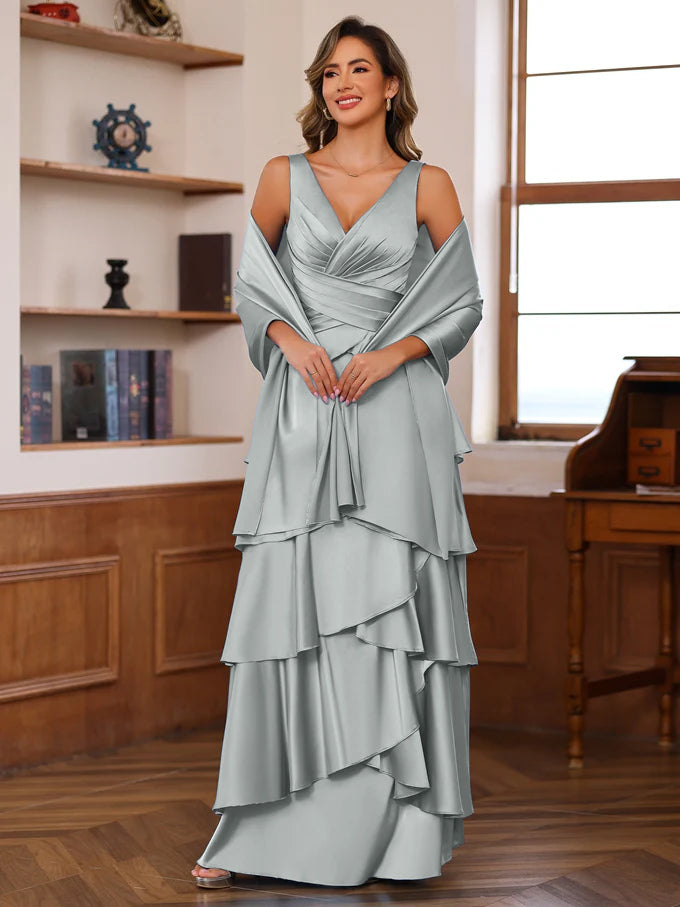 V-Neck Sleeveless A-Line Princess Floor-Length Mother of the Bride Dress With Ruffles & Wrap