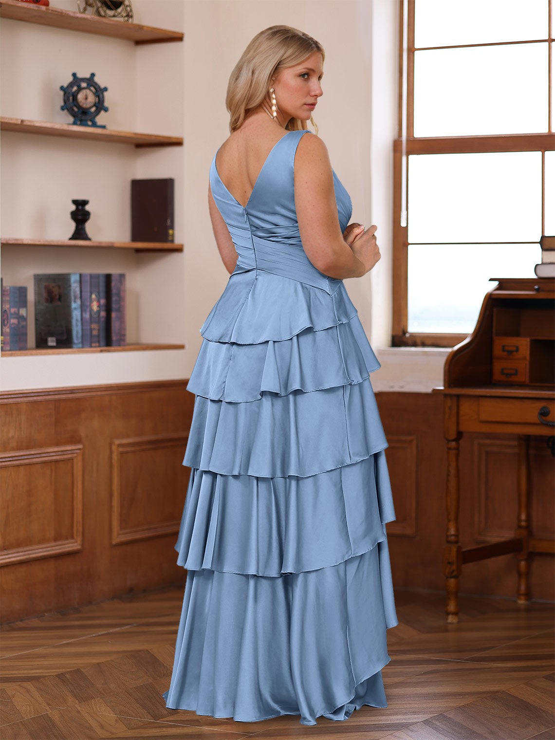 V-Neck Sleeveless A-Line Princess Floor-Length Mother of the Bride Dress With Ruffles & Wrap