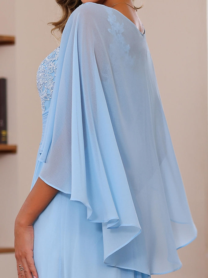 V-Neck A-Line Princess Floor-Length Mother of the Bride Dress with Appliques Ruffles & Wrap in 2 Pics