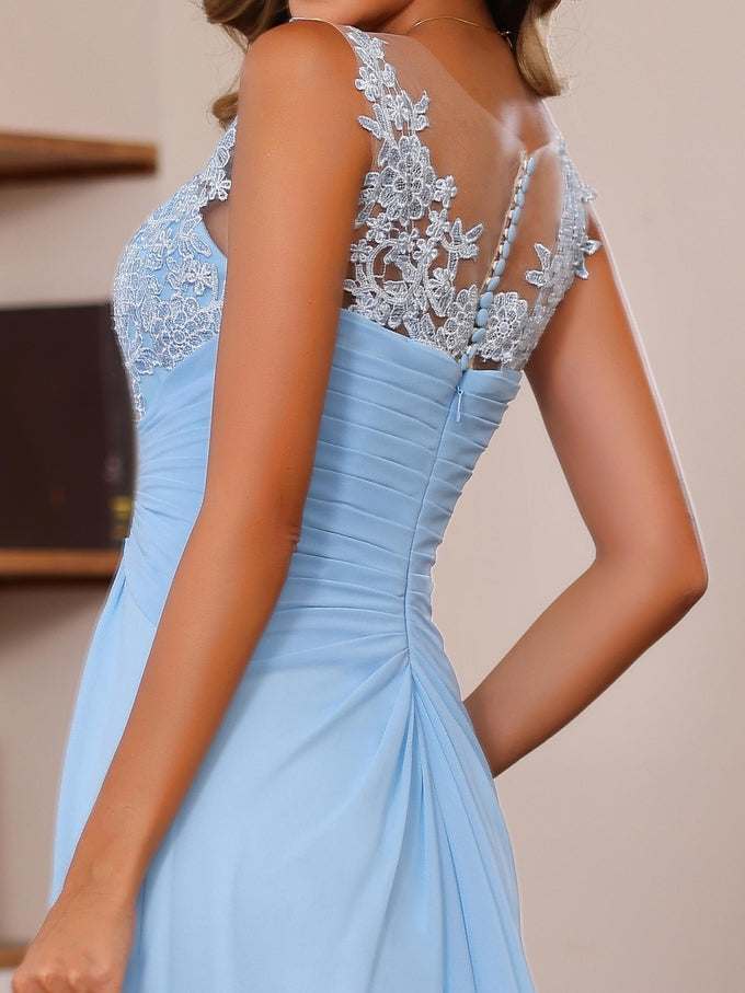 V-Neck A-Line Princess Floor-Length Mother of the Bride Dress with Appliques Ruffles & Wrap in 2 Pics