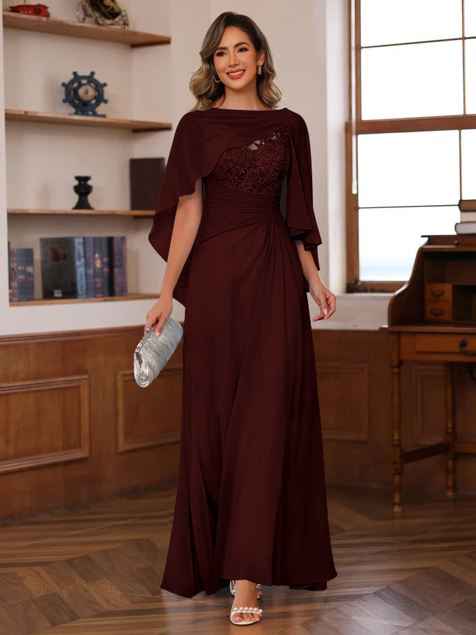V-Neck A-Line Princess Floor-Length Mother of the Bride Dress with Appliques Ruffles & Wrap in 2 Pics