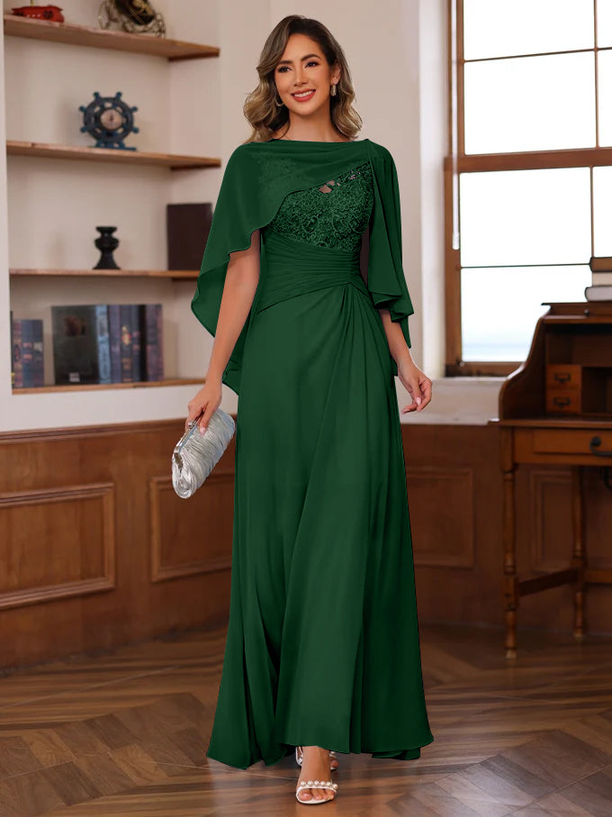 V-Neck A-Line Princess Floor-Length Mother of the Bride Dress with Appliques Ruffles & Wrap in 2 Pics