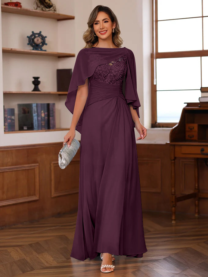 V-Neck A-Line Princess Floor-Length Mother of the Bride Dress with Appliques Ruffles & Wrap in 2 Pics