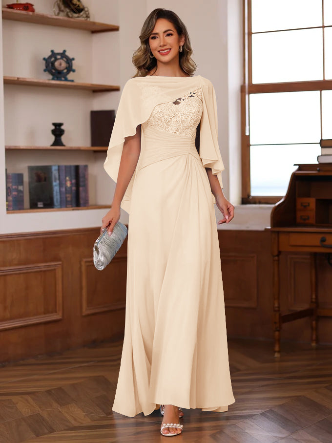 V-Neck A-Line Princess Floor-Length Mother of the Bride Dress with Appliques Ruffles & Wrap in 2 Pics