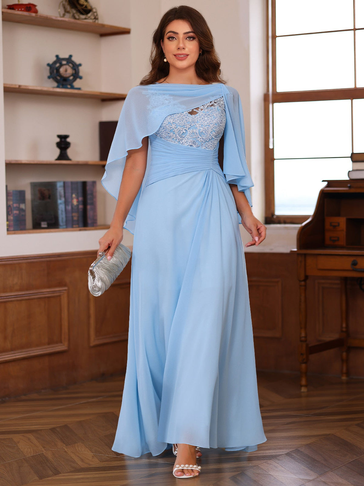 Plus Size V-Neck A-Line Princess Floor-Length Mother of the Bride Dress with Appliques Ruffles & Wrap in 2 Pics
