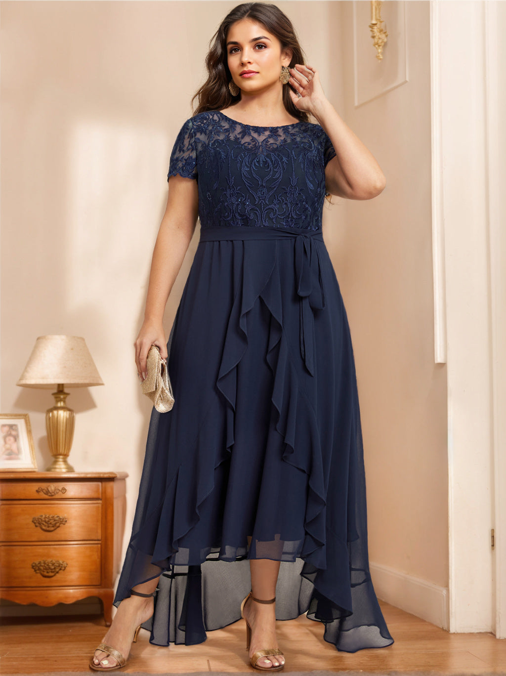 Unique Plus Size Mother of the Bride A-Line Dress with Scoop Neck Short Sleeves Bow Ruffles & Sequins