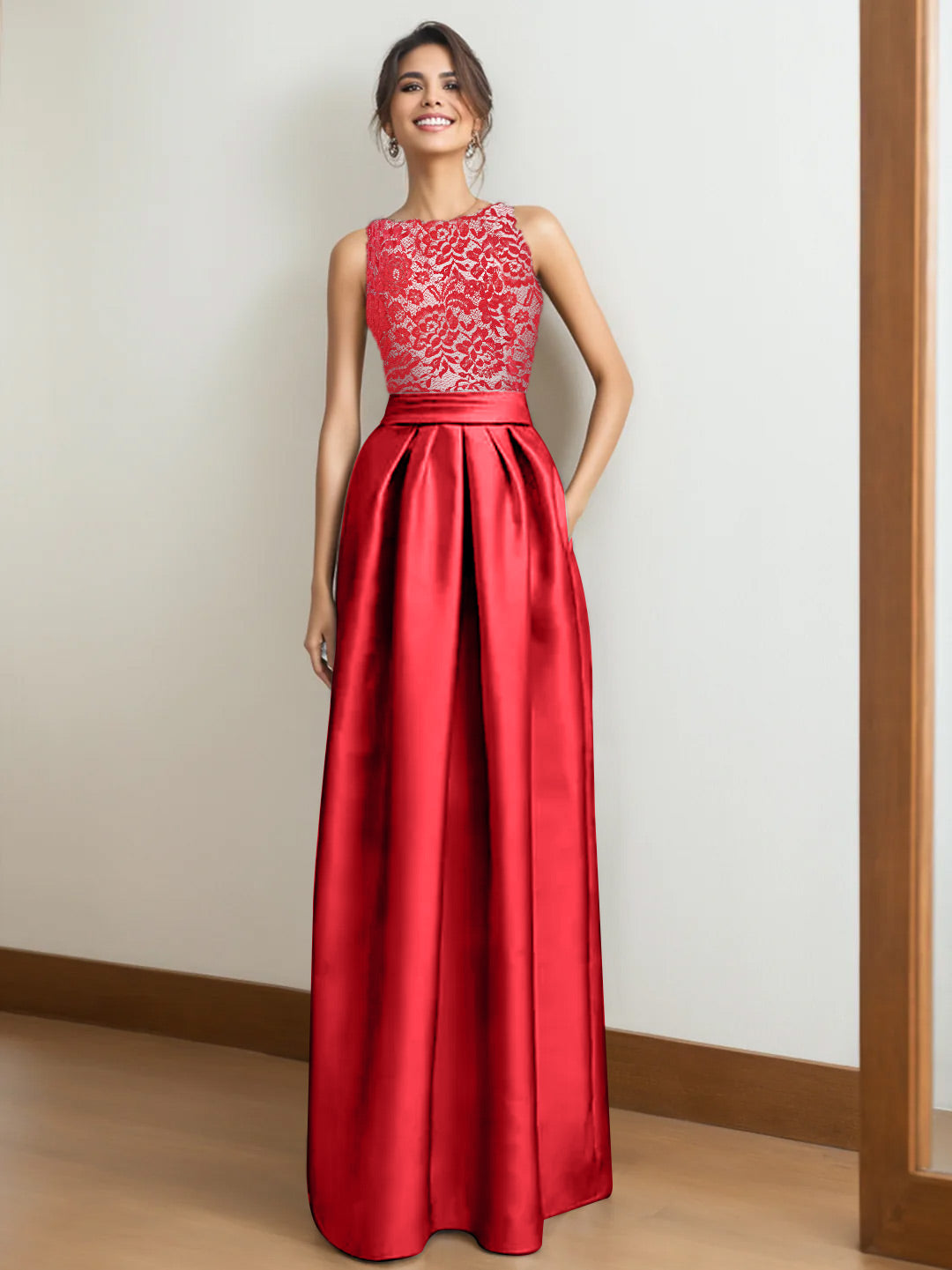 Princess A-Line Scoop Neck Sleeveless Pleated Mother of the Bride Dress with Lace Appliques