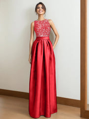 Princess A-Line Scoop Neck Sleeveless Pleated Mother of the Bride Dress with Lace Appliques