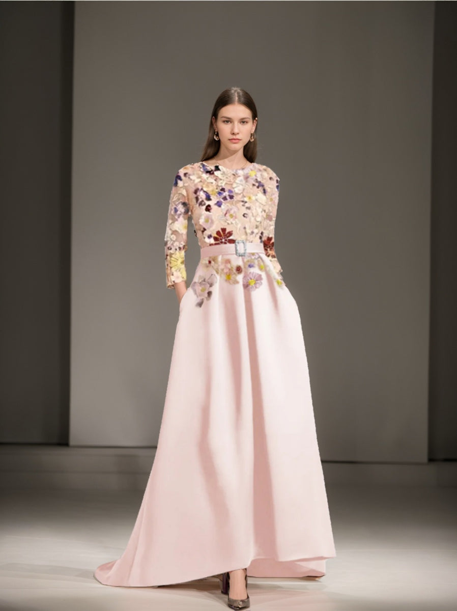 Asymmetrical A-Line Princess Scoop Mother of the Bride Dress with 3/4 Sleeves and Lace Appliques