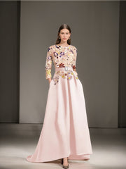 Asymmetrical A-Line Princess Scoop Mother of the Bride Dress with 3/4 Sleeves and Lace Appliques