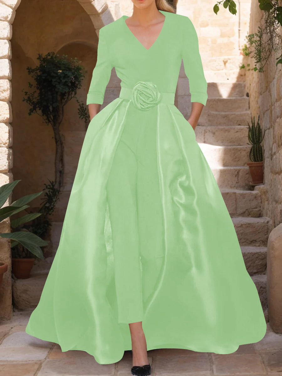 Mother of the Bride V-Neck Pantsuit with 3/4 Sleeves and Flower Belt