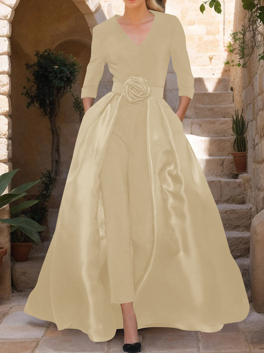Mother of the Bride V-Neck Pantsuit with 3/4 Sleeves and Flower Belt