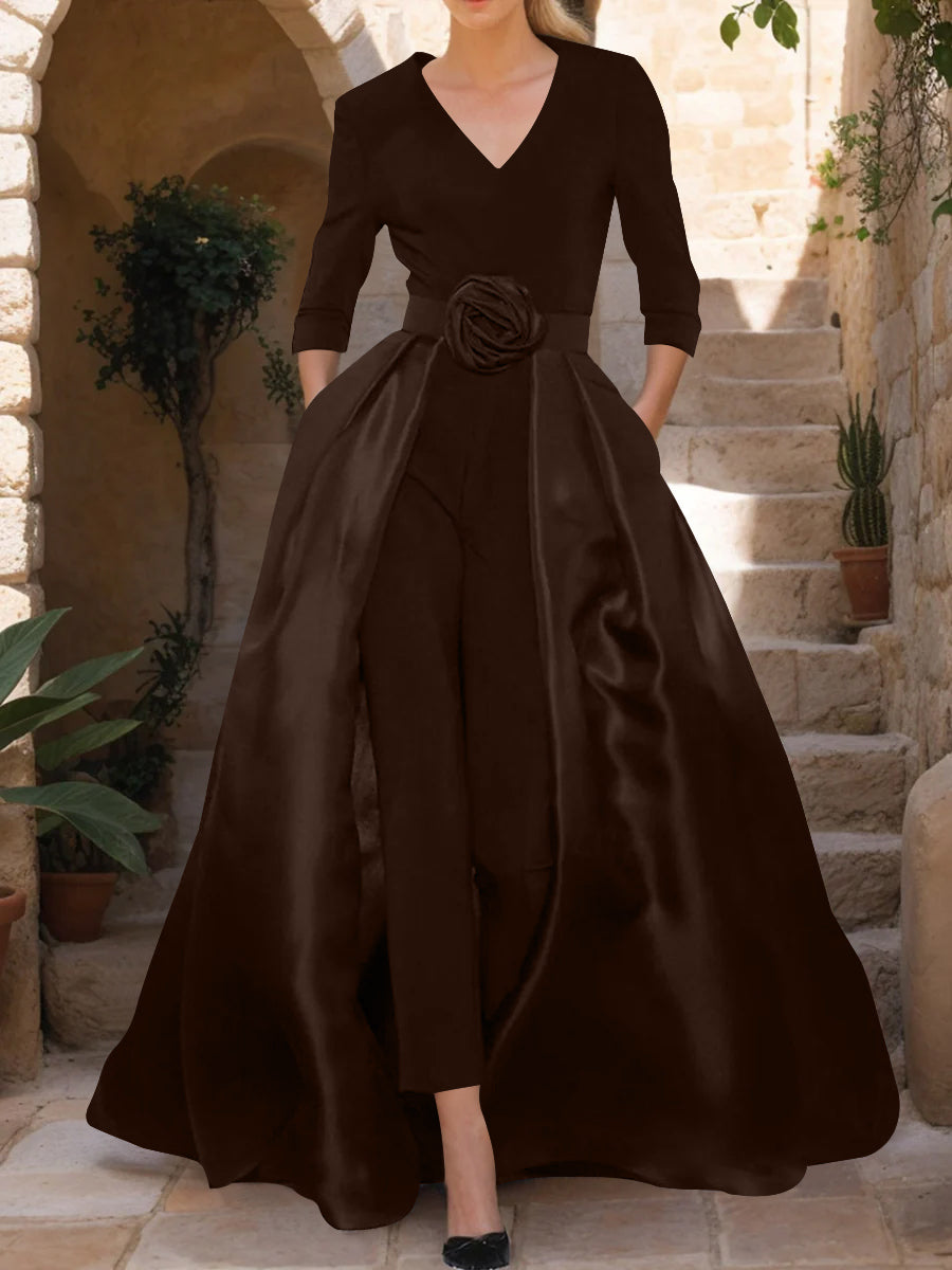 Mother of the Bride V-Neck Pantsuit with 3/4 Sleeves and Flower Belt