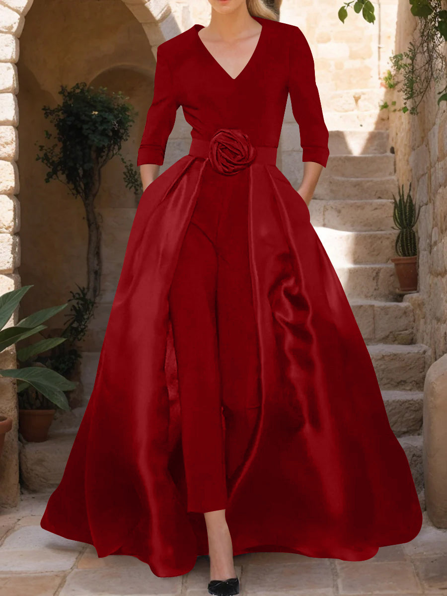 Mother of the Bride V-Neck Pantsuit with 3/4 Sleeves and Flower Belt