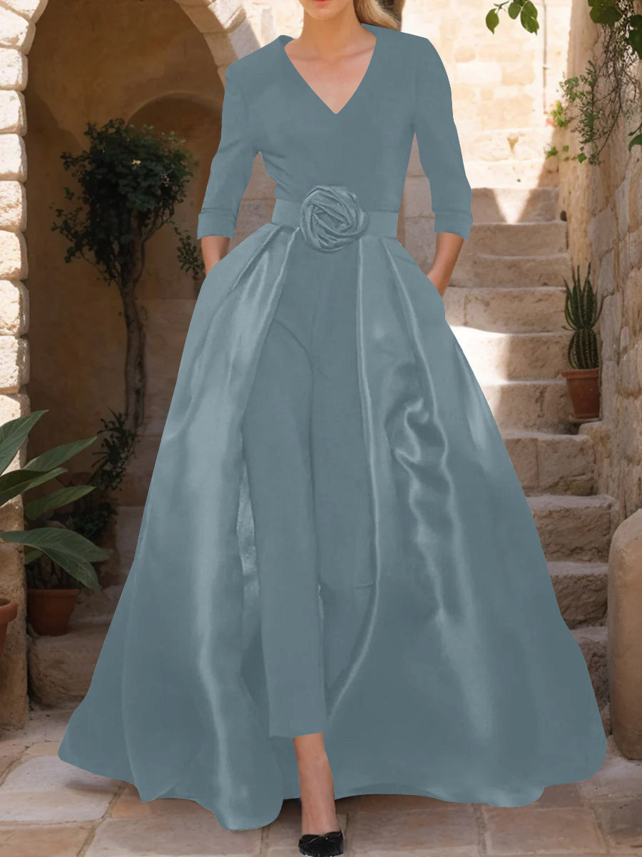 Mother of the Bride V-Neck Pantsuit with 3/4 Sleeves and Flower Belt