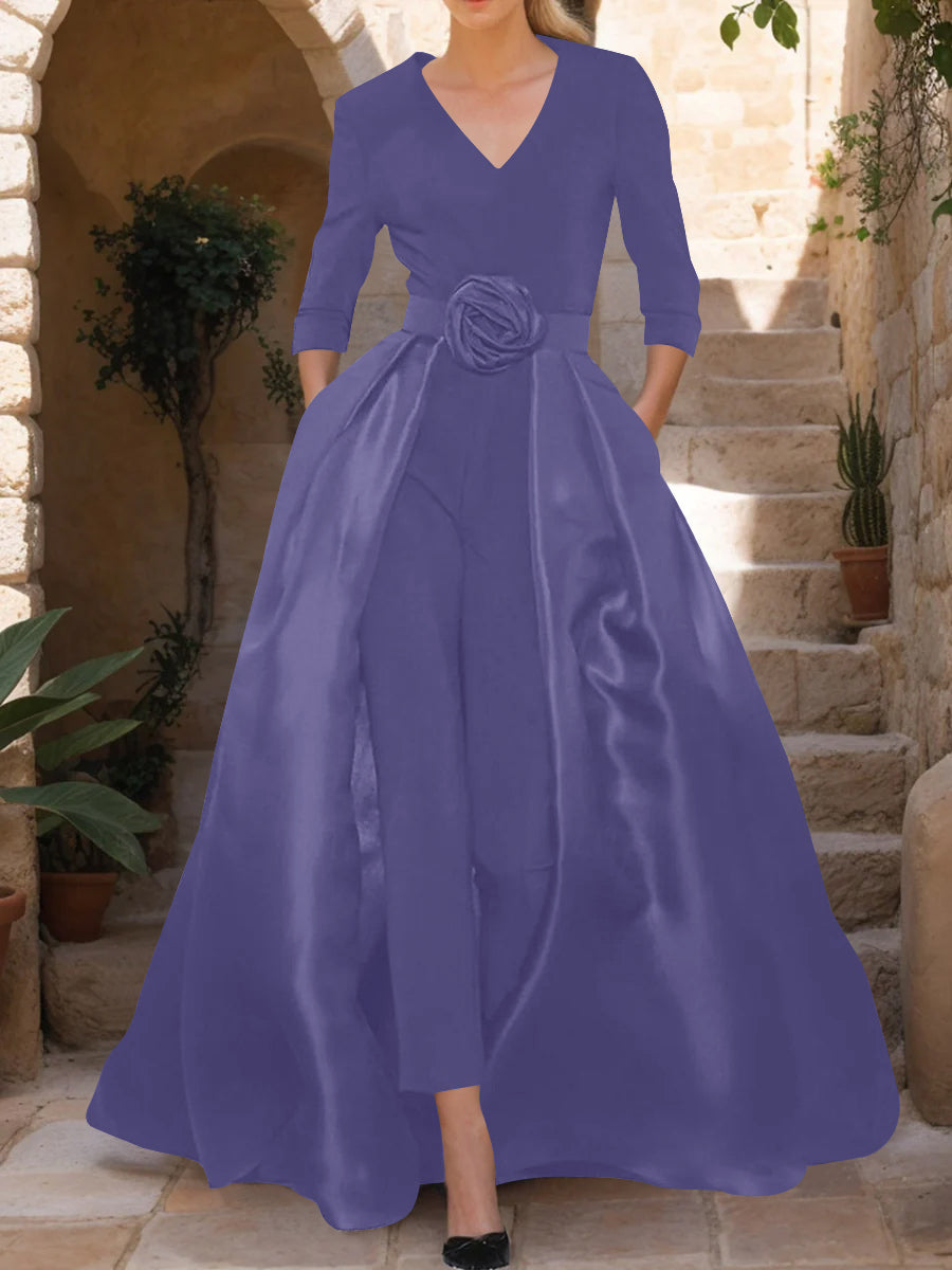 Mother of the Bride V-Neck Pantsuit with 3/4 Sleeves and Flower Belt