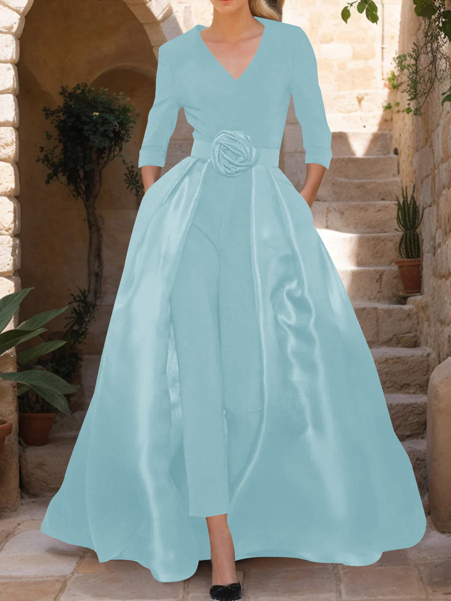 Mother of the Bride V-Neck Pantsuit with 3/4 Sleeves and Flower Belt