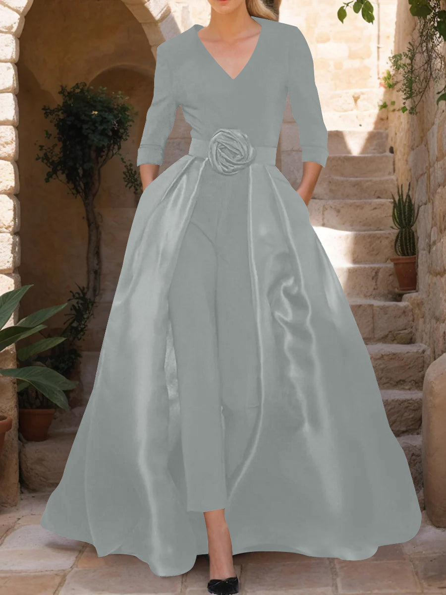 Mother of the Bride V-Neck Pantsuit with 3/4 Sleeves and Flower Belt