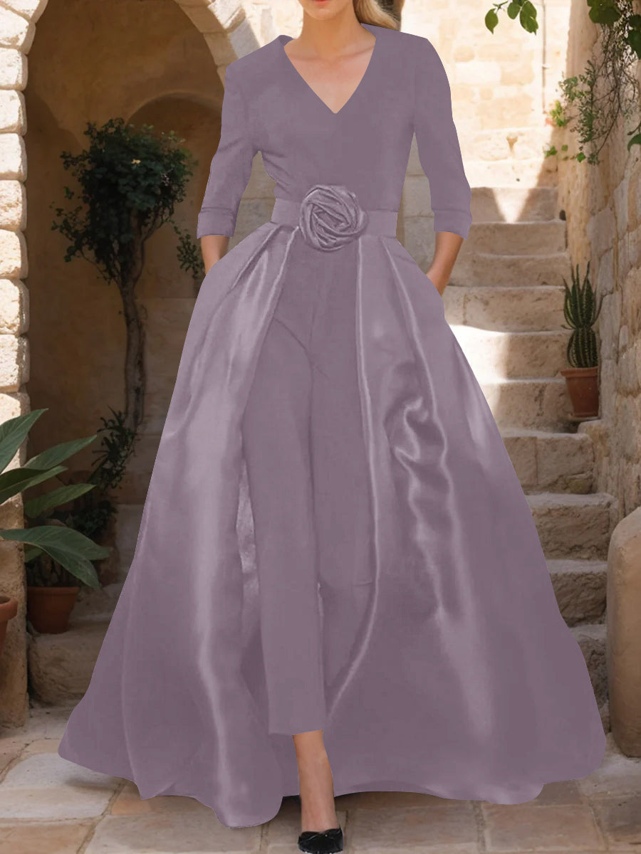 Mother of the Bride V-Neck Pantsuit with 3/4 Sleeves and Flower Belt