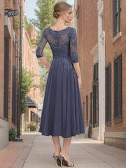 Princess A-Line Scoop Neck Tea-Length Mother of the Bride Dress with Lace and Appliques