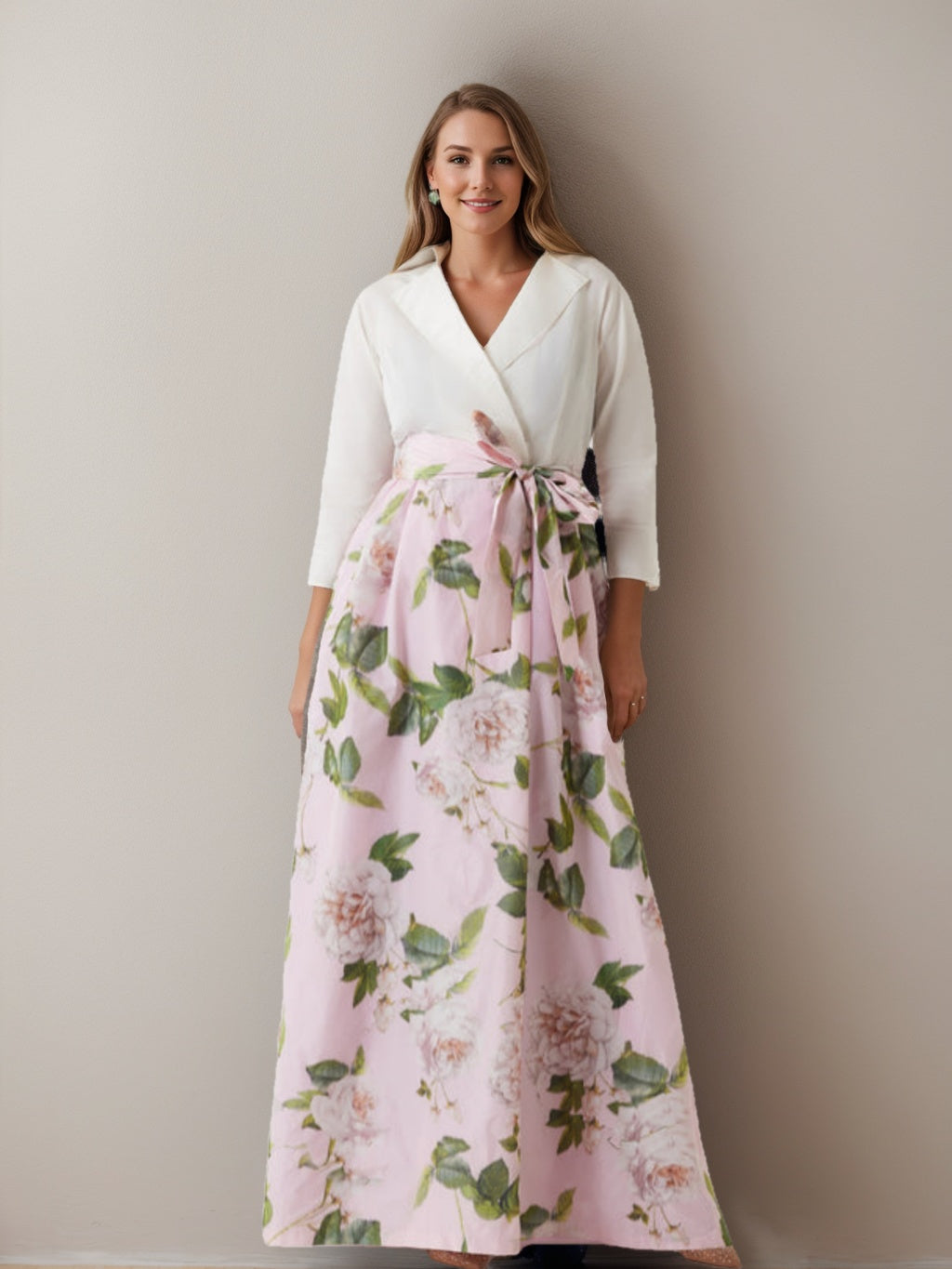 V-Neck Floral Print Mother of the Bride Dress with Bow Belt A-Line/Princess Cut and 3/4 Sleeves