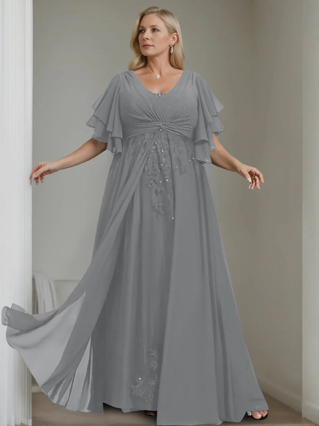 Unique Plus Size V-Neck A-Line Princess Floor-Length Mother of the Bride Dress with Sequins and Half Sleeve Ruffles