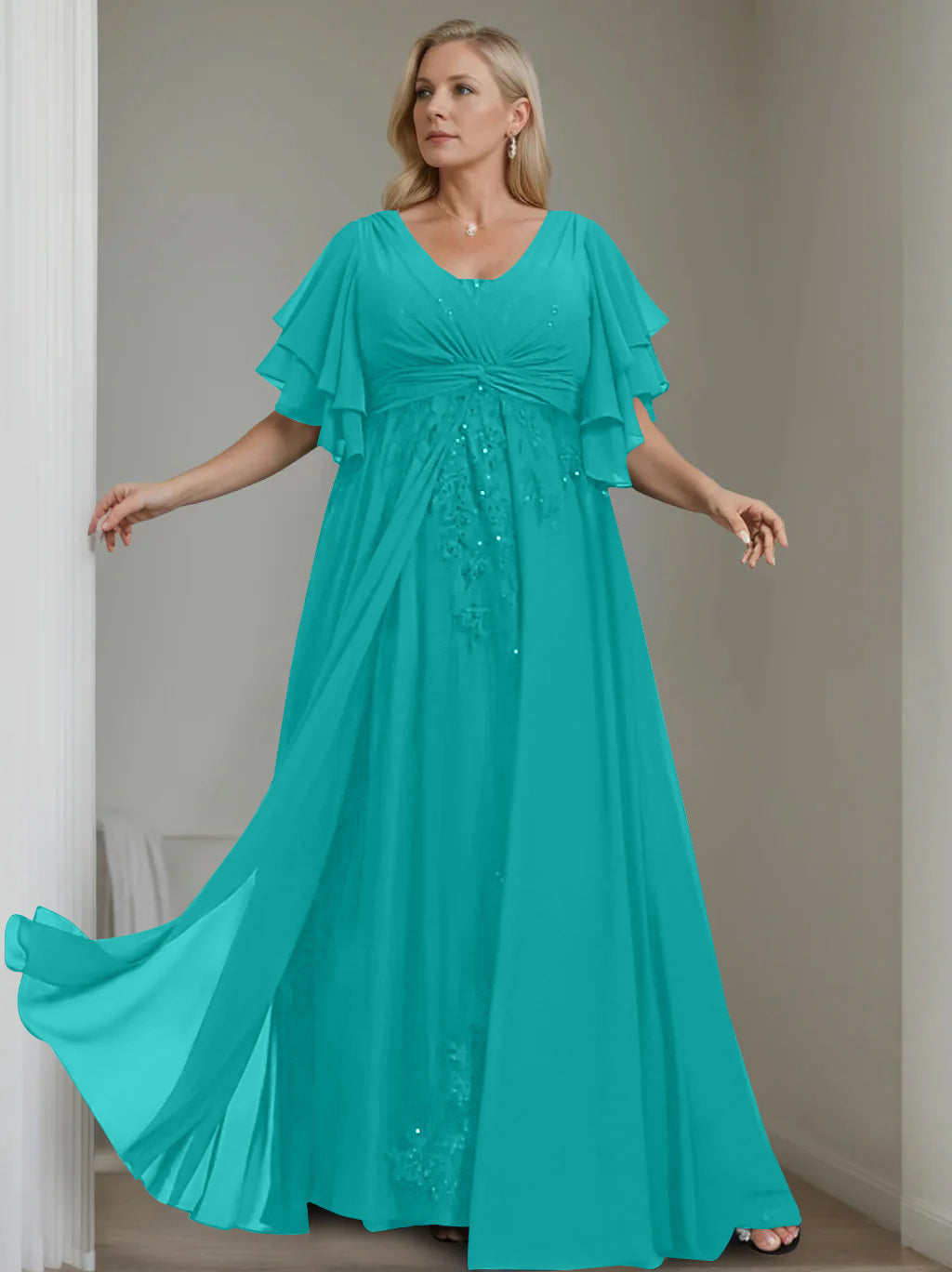 Unique Plus Size V-Neck A-Line Princess Floor-Length Mother of the Bride Dress with Sequins and Half Sleeve Ruffles