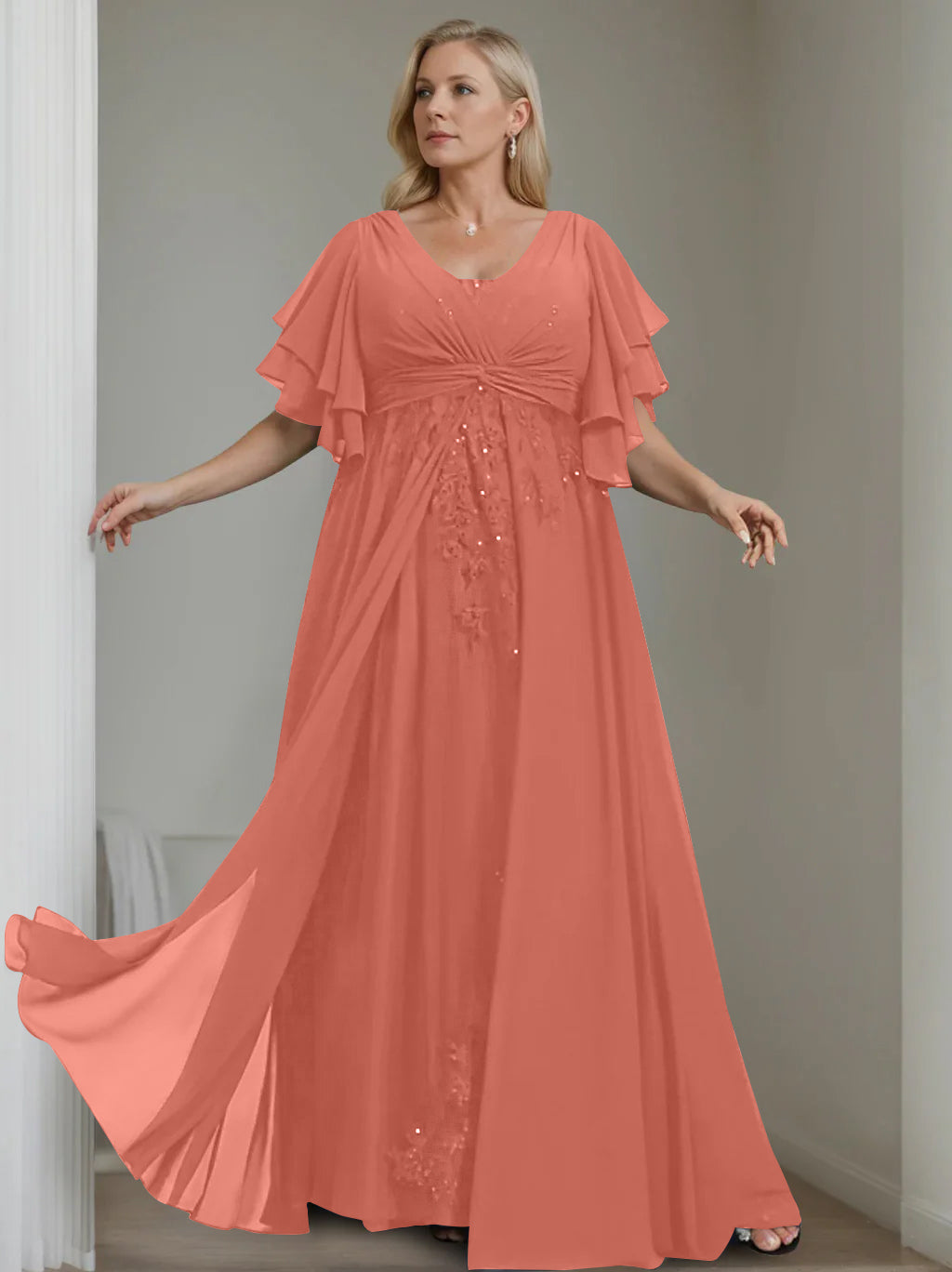 Unique Plus Size V-Neck A-Line Princess Floor-Length Mother of the Bride Dress with Sequins and Half Sleeve Ruffles