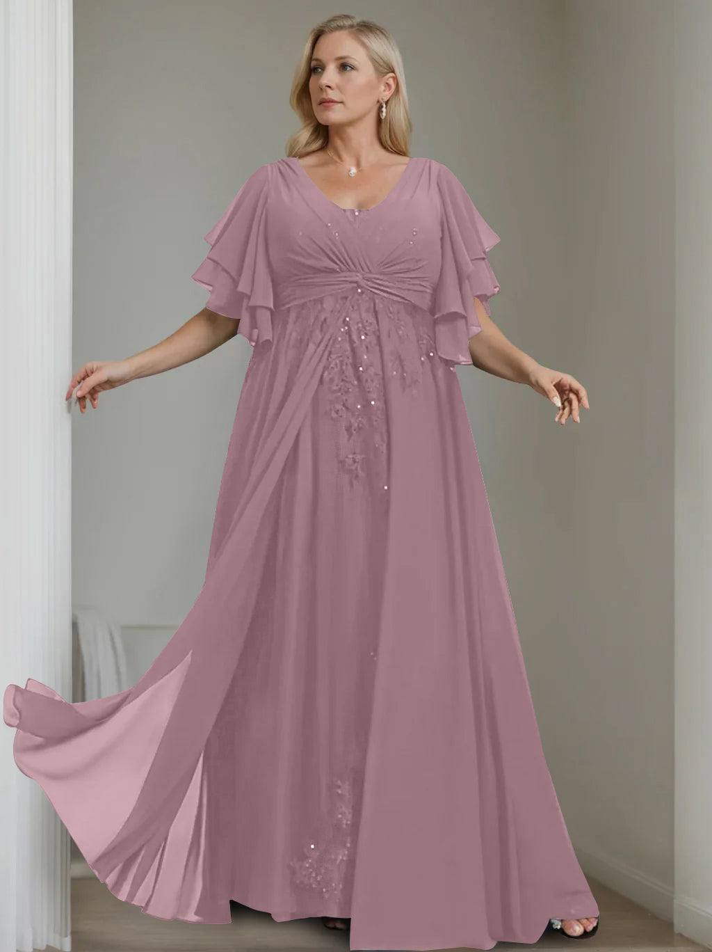 Unique Plus Size V-Neck A-Line Princess Floor-Length Mother of the Bride Dress with Sequins and Half Sleeve Ruffles