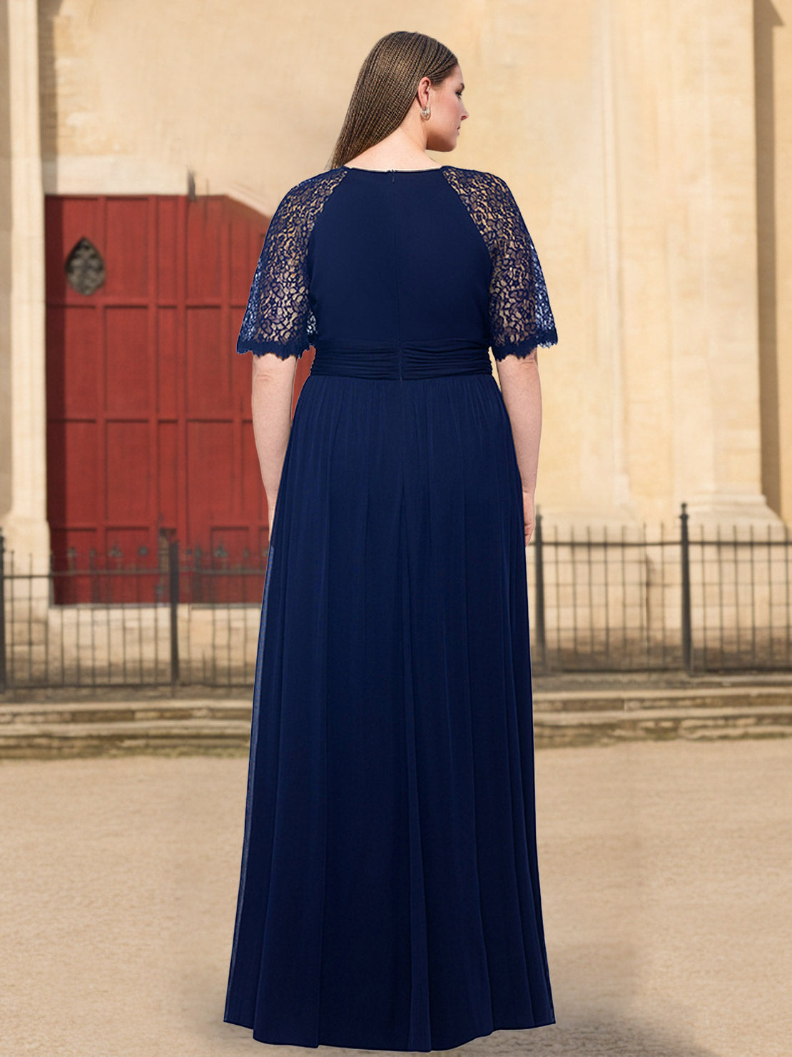 Plus Size Floor-Length Mother of the Bride A-Line Dress with Scoop Neck Half Sleeves Ruffles and Lace