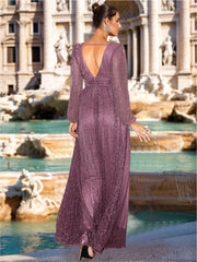 Plus Size V-Neck A-Line Princess Floor-Length Mother of the Bride/Groom Dress with Long Sleeves and Ruffles