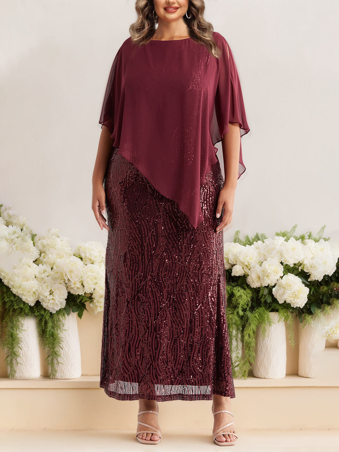 Plus Size Sequined A-Line Mother of the Bride Dress with Scoop Neck and Half Sleeves