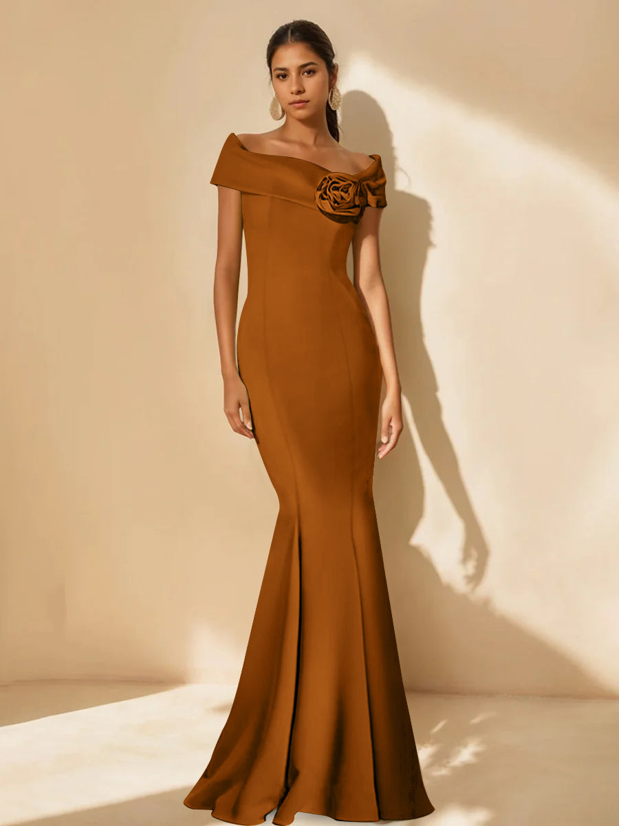 Minimalist Off-the-Shoulder Mother of the Bride Dresses in Trumpet/Mermaid Style with Detachable Flower