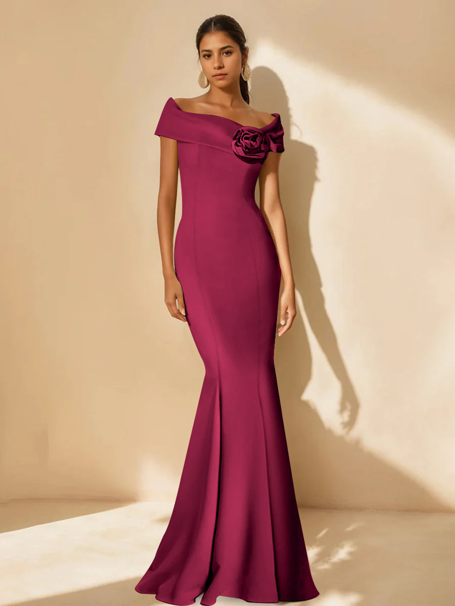 Minimalist Off-the-Shoulder Mother of the Bride Dresses in Trumpet/Mermaid Style with Detachable Flower